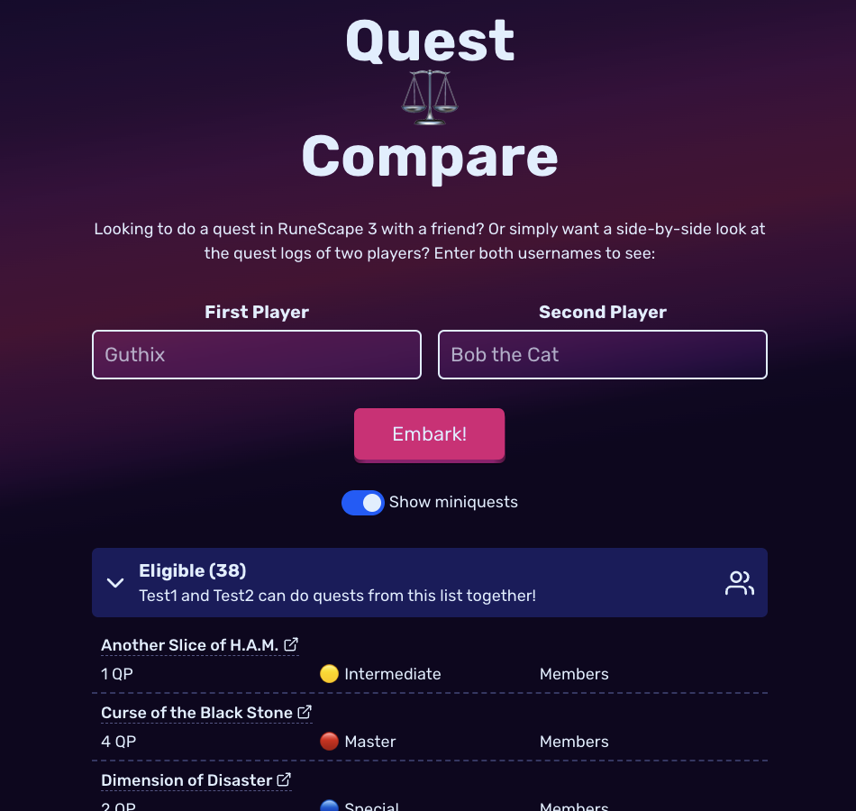 A picture of the Quest Compare web app displaying a quest log comparison between two players